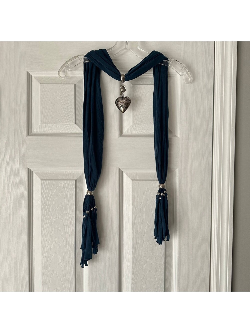 Navy Blue Scarf With Silver Tone Heart Pendant & Tassel Boho Festival